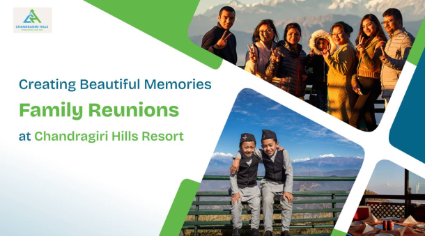 Family enjoying a scenic view at Chandragiri Hills Resort with the Himalayas.