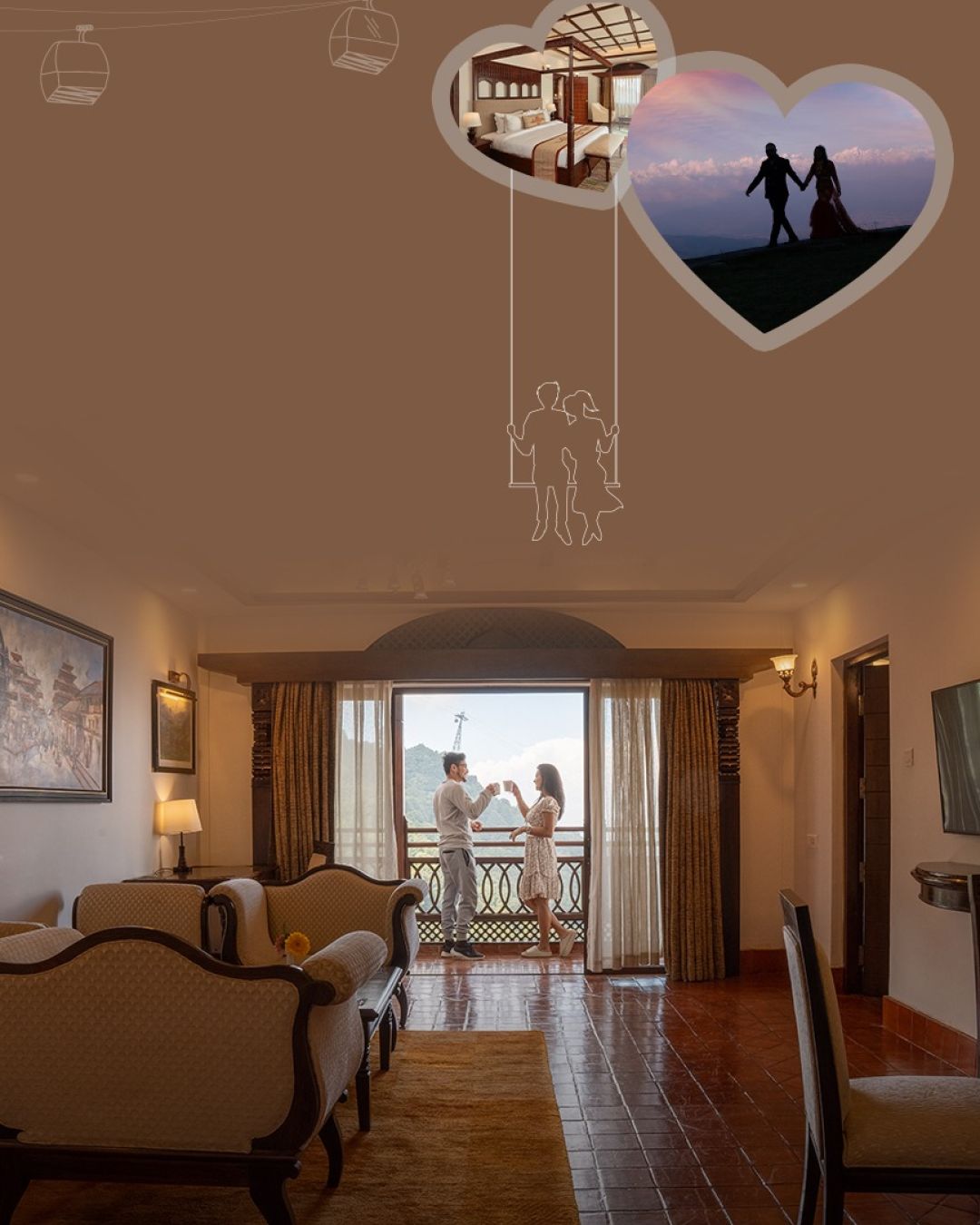 Couple enjoying their honeymoon with stunning mountain views at Chandragiri Hills Resort